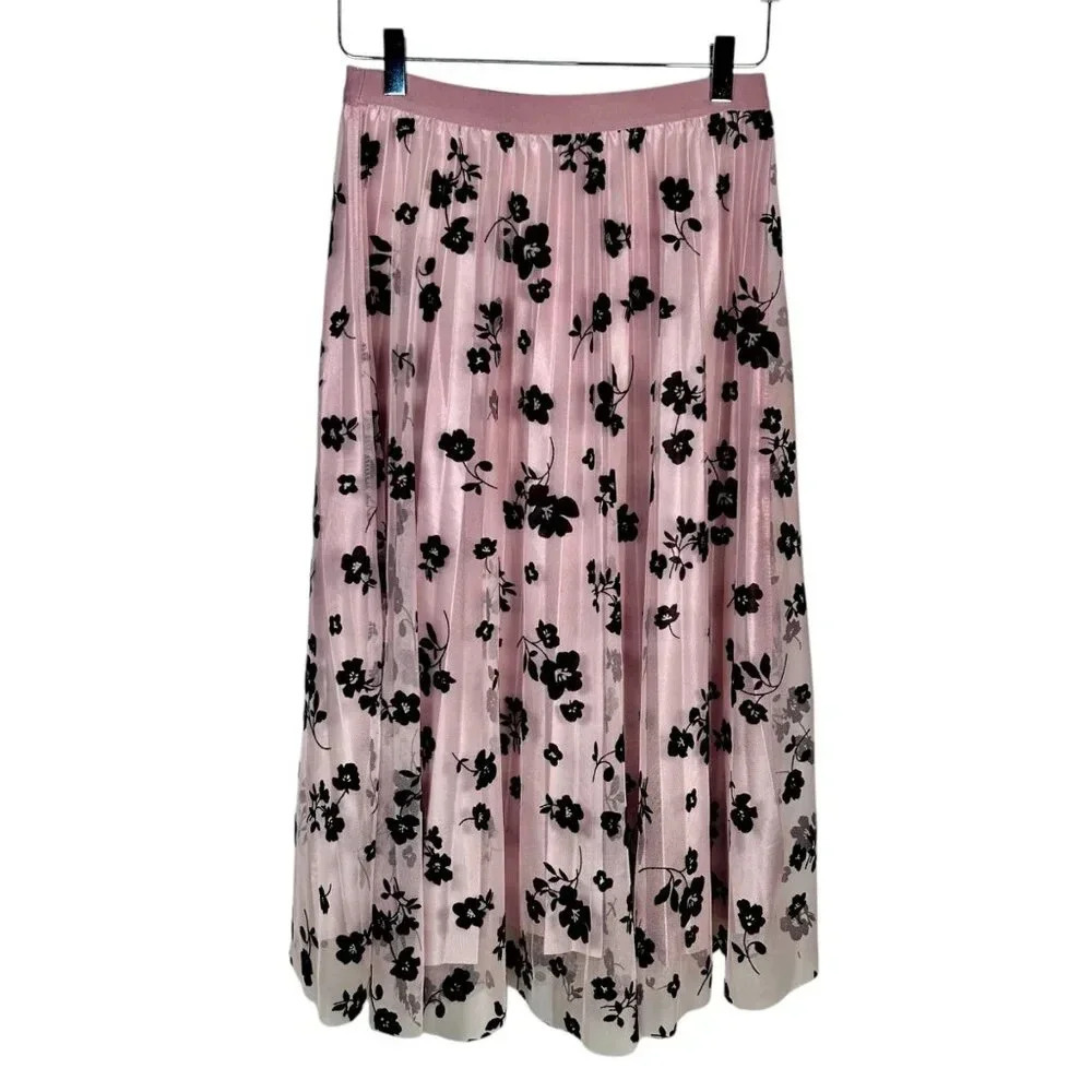Pink Maxi Skirt With Black Velvet Floral Netting Lined Glam